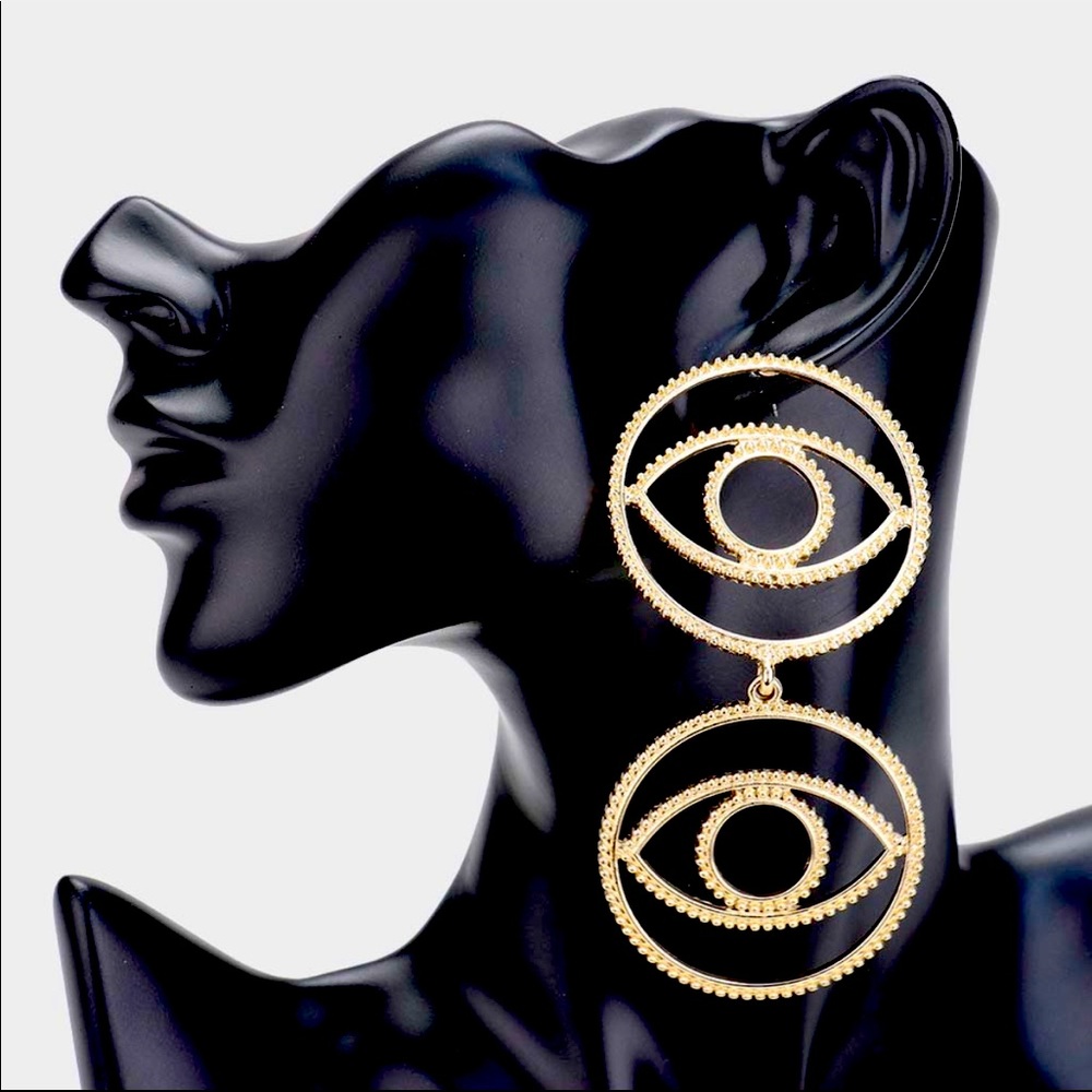 Double Evil Eye Metal Drop Earrings